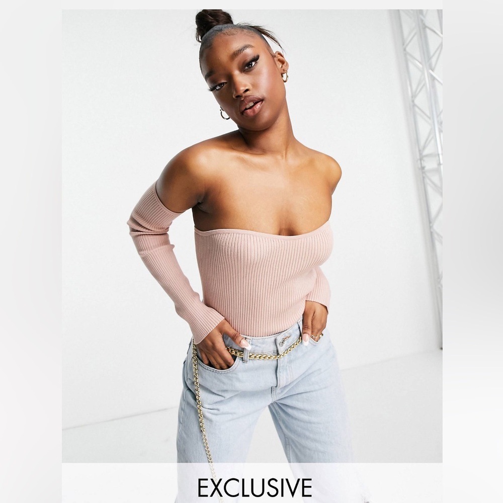 NWT AS YOU RIBBED BANDEAU HALTER TOP SZ-12 KNIT w DETACHED LONG SLEEVE ROSE PINK